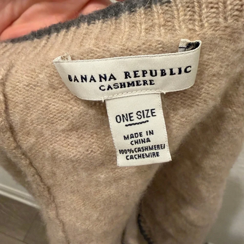 Banana Republic 100% Cashmere Infinity Scarf Tan Beige Grey Tipped Edge Snood